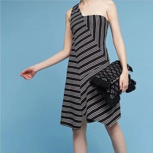Maeve Anthropologie Moka Black and White Striped One-Shoulder Dress
